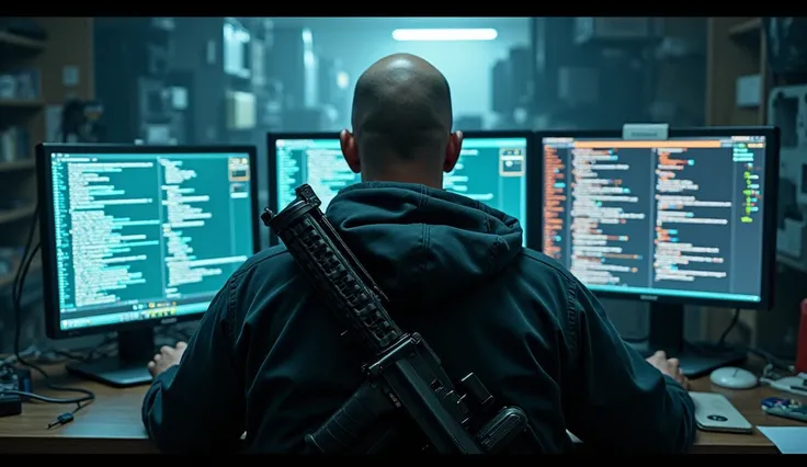 A bald hacker is hacking in front of his computer, many screens, showing programming codes, fraud, phishing, he has many weapons placed on his back