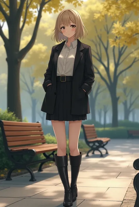 Beige Hair、medium、 Japanese woman with a viewing angle of、blouse、 black jacket 、skirt、 long boots、Park with benches