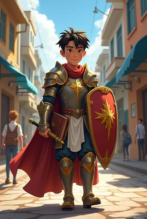 17-year-old boy wearing armor , sword in hand, shield,  helmet, Walking around the city of Belford Roxo Rio de Janeiro with the Bible in animated format 2D drawing for printing on a poster