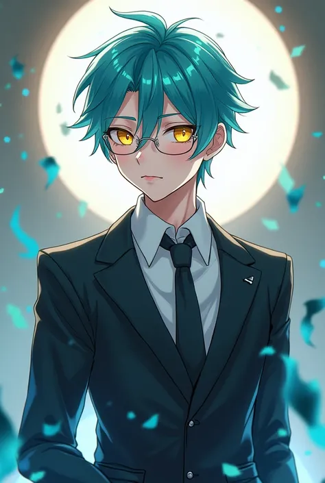 Make an aquamarine haired anime boy character who wears eyeglasses. He looks very handsome and very majestic. His eyes are yellow. The hairstyle is very handsome His outfit is very modern