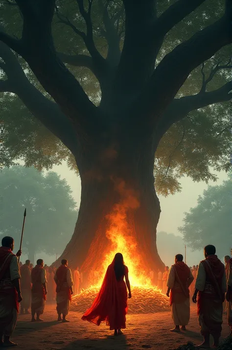 A hauntingly beautiful depiction of a pyre being prepared under a giant peepal tree. The wood is stacked high, with villagers and priests gathered in ceremonial attire. Sandhya, in a bright red saree, walks towards the pyre with grace and defiance, her sha...