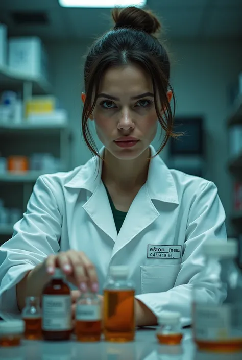 a pixelated image of a women industrial pharmacist but make it creative like they are the legal drug dealer 