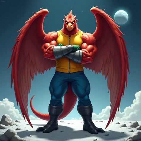 A red muscular winged pterodactyl furry jock in silver bracelets , wearing black boots , wearing blue pants , in a yellow zippered sleeveless sweater , wearing green gloves with arms crossed over his chest, standing on the moon against the background of sp...