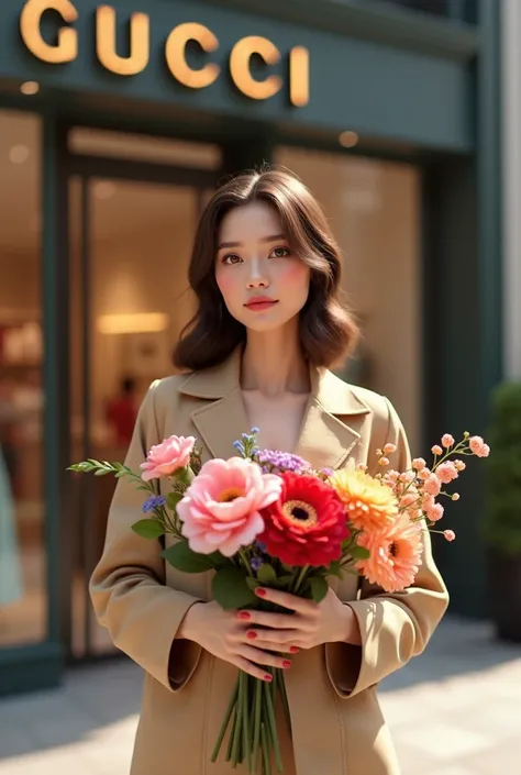 Draw a girl, who was given flowers and is standing next to a gucci store with a virtual package and flowers in her hands 