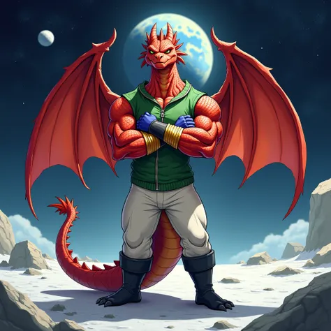 A red muscular winged dragon jock in gold bracelets , wearing black boots , in white pants,  in a green sleeveless zipped sweater , wearing blue gloves with arms crossed over his chest, standing on the moon against the background of space