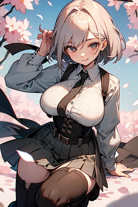 female、Older sister、 calm 、kind、Ladylike、 Calm 、 slender、 Adventurer Apprentice 、Immature Skills 、 Knee High Boots 、 Pleated Skirts、 suspenders、belt、 Big Breasts 、Thighs、smile、spring、 petals