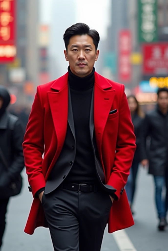 A 25-year-old Korean man wearing a red jacket who looks luxurious and imperious is walking leisurely and gallantly amid the bustle of people and passing vehicles 