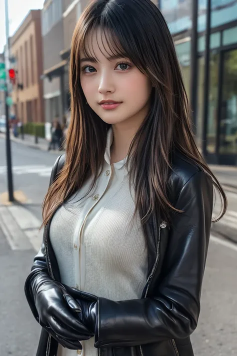 (8k, RAW Photo, Highest Quality, High Resolution:1.1), (ultra-realistic:1.4),(Realistic, Realistic:1.3),Japanese Beauty, Outdoors, A girl wearing an elegant dark violet long coat, a knit top and a houndstooth mini skirt, pumps,((Upper Body Position Street ...