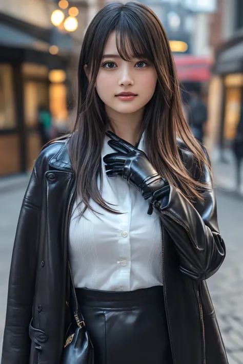 (8k, RAW Photo, Highest Quality, High Resolution:1.1), (ultra-realistic:1.4),(Realistic, Realistic:1.3),Japanese Beauty, Outdoors, A girl wearing an elegant dark violet long coat, a knit top and a houndstooth mini skirt, pumps,((Upper Body Position Street ...