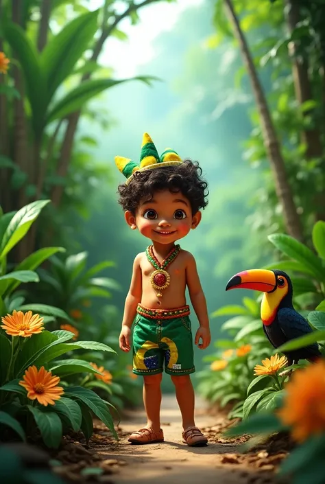 Un petit enfant, brésilien vêtu de couleurs vives inspirées du carnaval. Près de lui, un bébé toucan avec un petit bec coloré observe les environs. La scène est dans une forêt tropicale luxuriante avec des plantes et des fleurs exotiques."