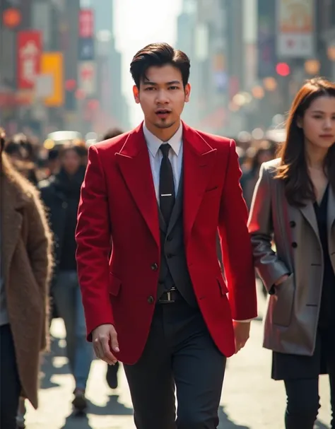 A 25-year-old Korean man wearing a red jacket who looks luxurious and imperious is walking leisurely and gallantly amid the bustle of people and passing vehicles 