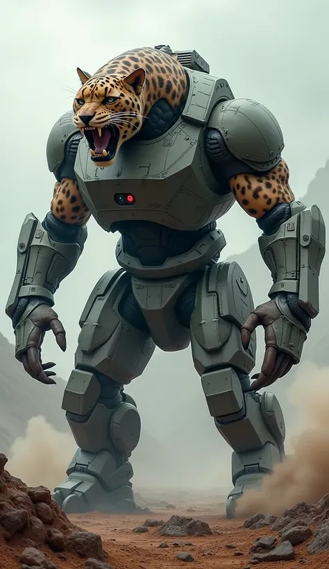 Make a danger hybrid jaguar and military ship body big and muscular human body 
