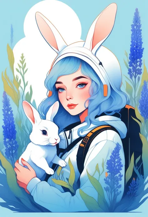  illustration style ,  Vector Art 、 Realistic ,sketch ,  1 girl who likes camping , ,lip,  Bunny Suit ,order,  blue gradient background, Neon Hair, textured crop , Canada,Muscari flower  (masterpiece, best quality), Reef Elf 