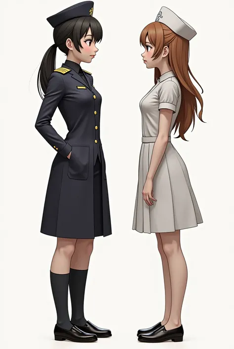 two girls beside each other, one is wearing a pilot uniform whos taller and the other one is wearing a nurse uniform whos smaller, both have a petite body, both looking in the center