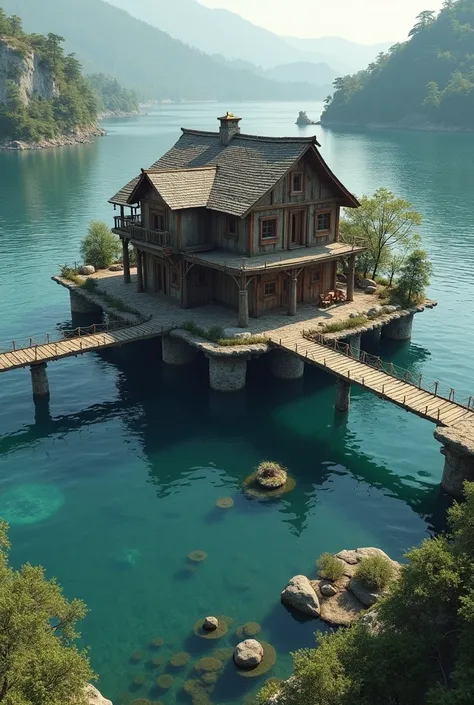 Make an image of a rustic hotel that floats in the center of a lake and that connects its rooms with wooden bridges while underwater ruins are underwater