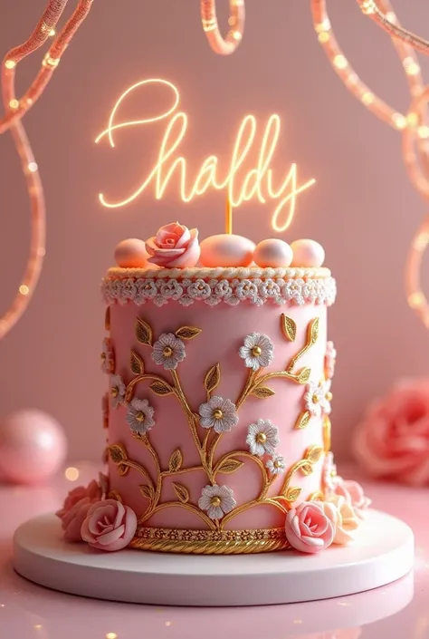 3D birthday cake, highly detailed, beautiful, Hyper-realistic  intricate Thai pattern, golden vine and silver flowers, details are intricate, decorated pink and gold lines of light flowing beautifully around, sense of movement and shiny reflective surface ...