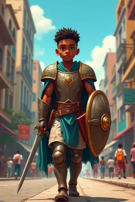 Black boy at the age of 17 with armor, sword in hand, shield,  helmet,  walking around the city of Belford Roxo Rio de Janeiro with the Bible in animated 2D drawing format for printing on a poster