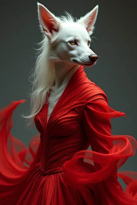 Kırmızı bir elbise giyen,  a man with white hair and dog ears wearing a red dress 