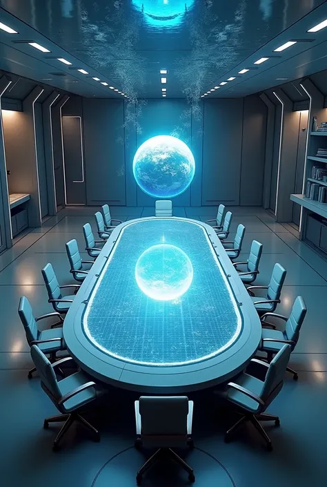 Meeting room in a spaceship with a hologram of a planet in the middle top view In a room no people just chairs