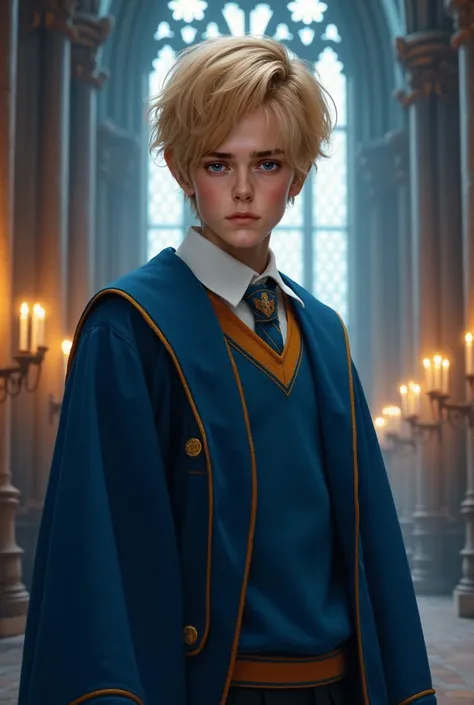 image of what an RP character from Harry Potter looks like, Ravenclaw house hogwarts uniform, short blonde hair, and white skin blue eyes , dresses like Ravenclaw , male man The background is a magical school with towering spires, vast halls, handsome