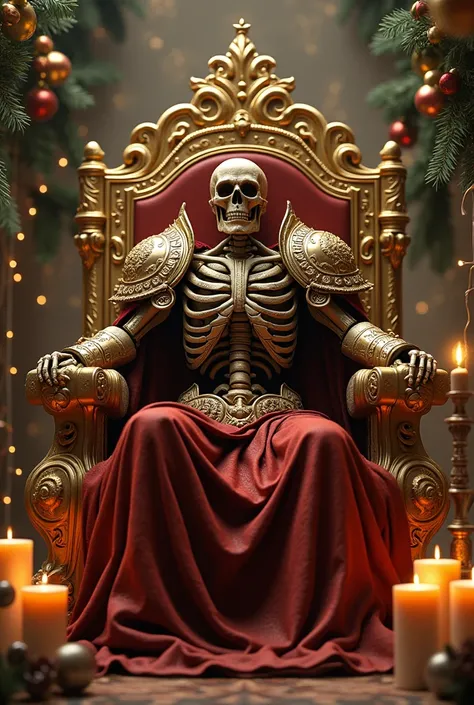 LEmpereur-Dieu de lunivers de warhammer 40000 dans une décoration de Noël.
Il est en squelette, assis sur son trone en Or.