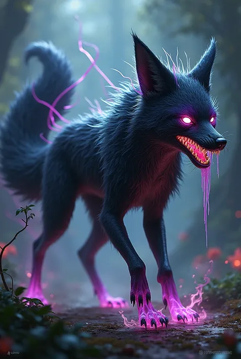 "A dynamic hybrid creature that combines the characteristics of a fox and the symbiotic features of a venomous entity. The creature has the lithe, agile body of a fox, with sleek, dark fur streaked with iridescent, venom-like tendrils that pulse with glowi...