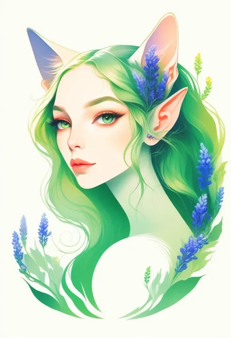  illustration style ,  Vector Art 、 Realistic ,sketch , 1 female elf in the form of a cat , ,lip, ,order,  green gradient background, Neon Hair, textured crop , Muscari flower  (masterpiece, best quality), Reef Elf 