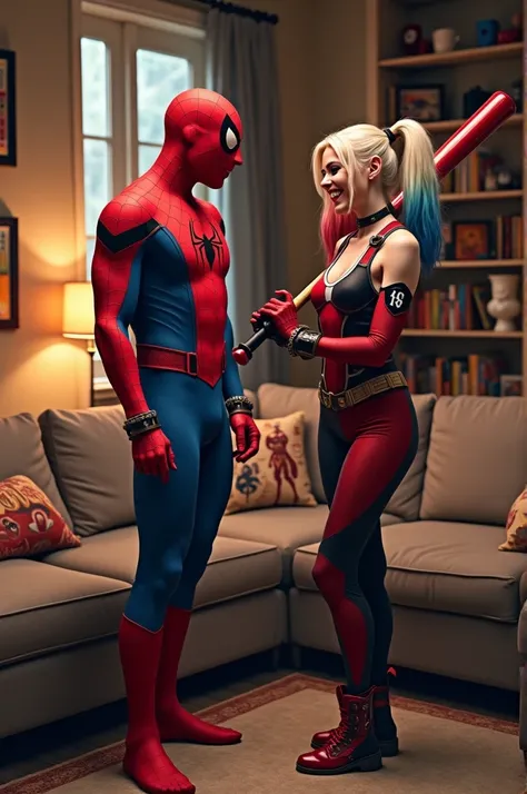 Spiderman and harley queen in the living room