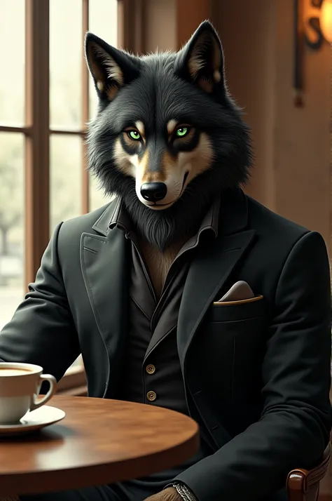 Property Policy,  alone,  furry wolf ,  black fur , Duotone, green detailed eyes , Strong physique ,  Handsome, Very nice, Leisure suit,  Cool Poses , coffee, 早餐晨间coffee厅背景.