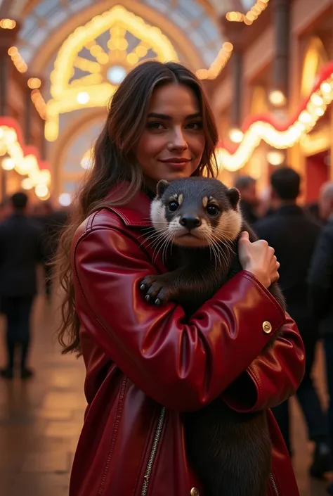 Wonderfully detailed illuminated venue background and crowds、A very beautiful woman enjoying a full-body photo is wearing a leather jacket in gorgeous winter high brand fashion, hugging a small-clawed otter, and looking at us with a smile