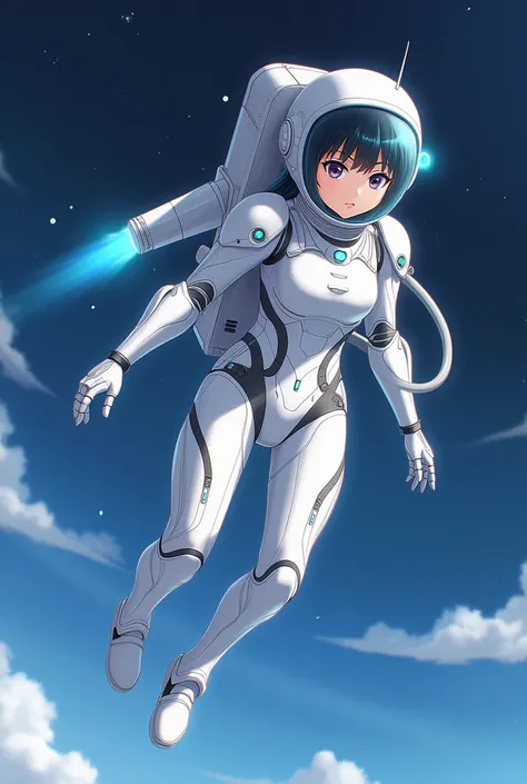 Anime girl wearing a white Robotic spacesuit and tubes with blue liquid are connected to her body and to her mask connected to her mouth and rocket and metal jet wings attached on her back and shes flying in the space