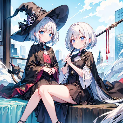 Pure white hair、material,  thick paint、(Surprisingly bizarre )),(masterpiece:1.2),超 high definition ,  Attention to Details ,  High Quality ,  high definition , 最 High Quality ,  4K, 8k,break, shorthair 、long sidebar 、Gray Hair、Wizard、((Sitting on a cane))...