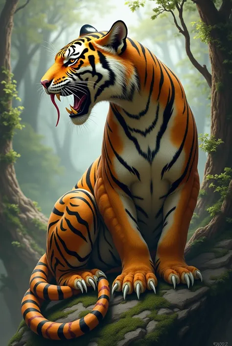 "A fantastical hybrid creature that combines the features of a tiger and a snake. The creature has the powerful, striped body of a tiger but with