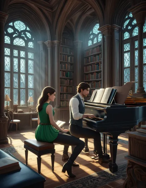  sketch a man sits at the piano and plays it for a girl, writing a melody for her a 22-year-old man  ((with brown eyes)), Beautiful, brown short hair in a white shirt,  dark gray classic vest , black trousers , ((( and next to a man leaning on the piano is...