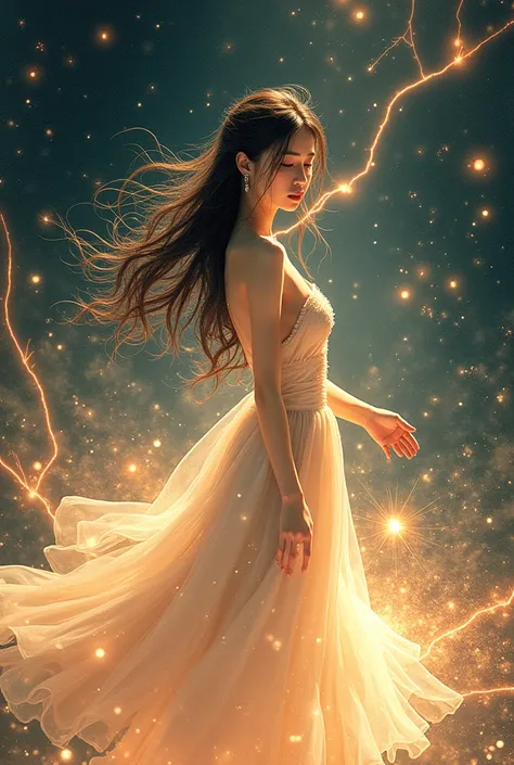 an asian woman in a dress is surrounded by sparks and stars, an album cover, rayonism, japanese light novel cover, beautiful japanese girls face, japanese shoujo manga