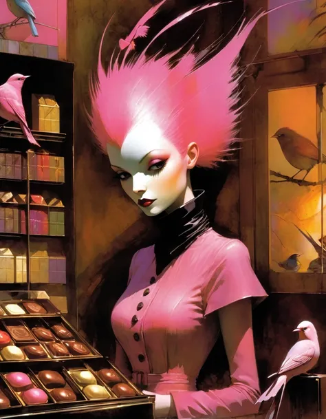 pink bird, chocolate shop, chocolates, art inspired by Bill Sienkiewicz and Dave McKean
