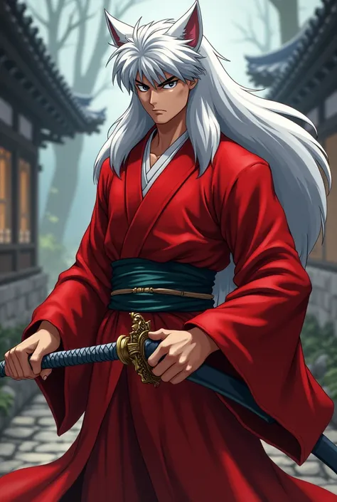 Inuyasha A man with white hair and dog ears, wearing a red robe and holding a Japanese sword  