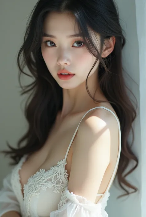 A Korean girl with white dress, sexy boobs