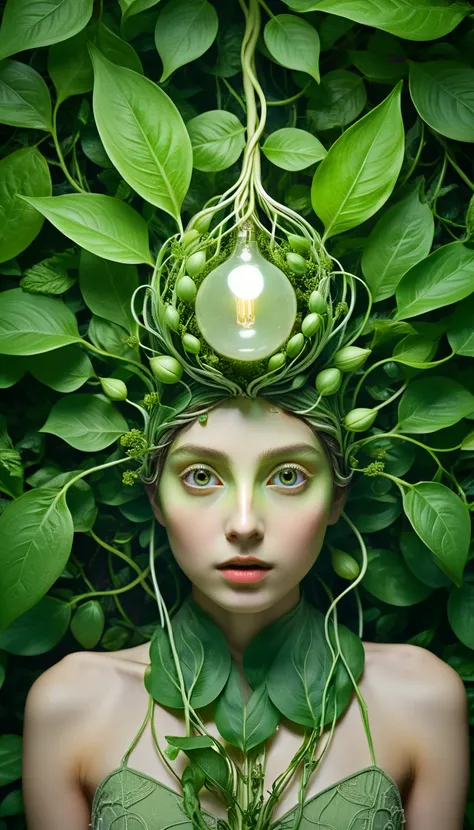 (((  surrenders ))) photograph,( Super Detailed Face ),((light)),A humanoid figure with smooth, green-toned skin, large expressive eyes, and plant-like features. A blooming bulb resembling a flower or seed pod grows from their back, surrounded by small lea...