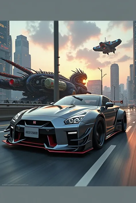 Un dragon très détaillé, voiture de sport photo réaliste rouge GTR R35 japonaise, voyageant à grande vitesse à travers une ville futuriste cyberpunk aux lumières au néon, gratte-ciels, et des voitures volantes, machinerie complexe, meilleure qualité, 8K, h...