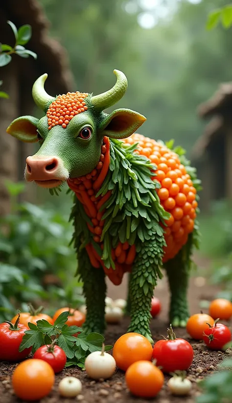 Poor man making a cow in variety of vegetable