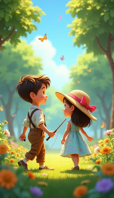 "A lush park filled with towering green trees and vibrant flowers scattered across the grass. Noah, in brown suspenders and a rolled-up white shirt, holds a miniature fishing rod as he walks beside Allie. She wears a pastel blue floral dress and a straw ha...