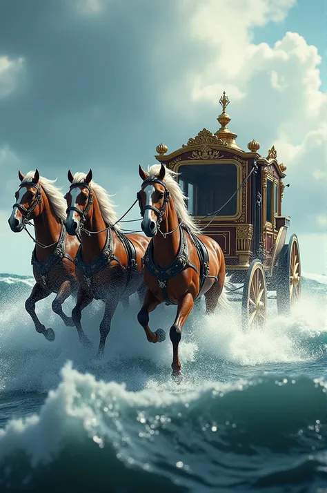 Realistic picture of a carriage pulled by 4 horses, running on big wavey sea water, very detailed picture