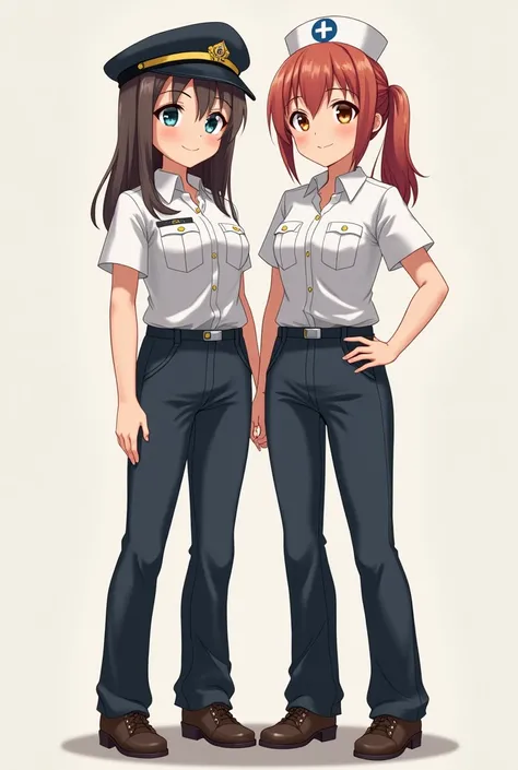 two girls beside each other, one is wearing a PILOT uniform that have a pants whos taller and the other one is wearing a NURSE uniform that has a pants whos smaller, both have a petite body, not so animated, happy face