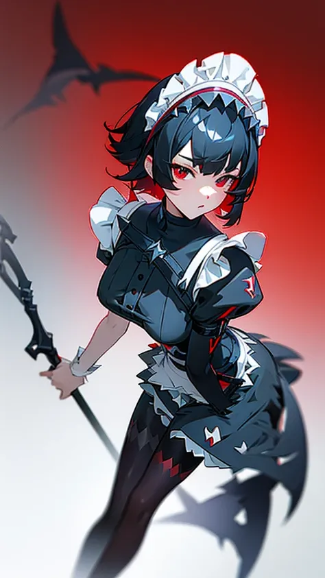 ( STYLISH)(Ellen))(black pantyhose with black hair red gradient )( short hair)、((Shark Girl))Eyes Heart、、( pattern)( maid clothes)