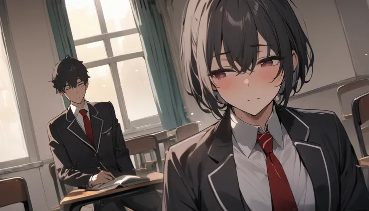 （masterpiece,  best quality:1.2)、male、student、 shorthair 、Calm Eyes、Black school uniform, black blazer、 red tie、見つめる、Stare at ulterior motives 、classroom、 sitting on a chair、