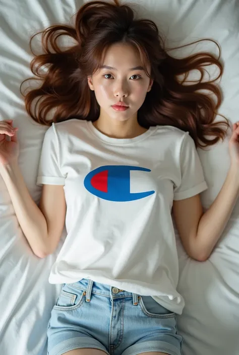 Japanese women casual t-shirts

Ｘ shape with both hands and feet wide open、Champion t-shirt with both hands and feet wide open, Japanese woman, brown hair, long hair, Woman lying down in bed with determined hands