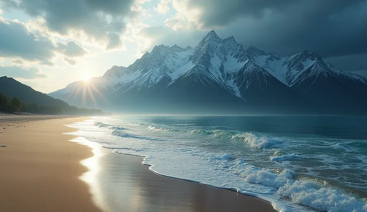 Create an image for me this image should be as follows : one side of the photo a beach with sun on the other side the continuation of the image showing the mountains with cloudy weather and rain 