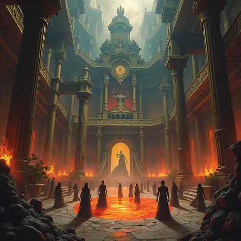  Pandemonium , the capital of hell , Palace, interior,

aesthetically pleasing, beautiful,  High definition,  highly detailed ,  drawing , asymmetry , random angle