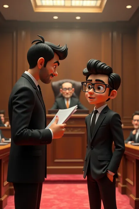 A courtroom scene with a stern-looking lawyer in a black coat, holding papers and questioning a mischievous-looking man (Pappu) wearing casual clothes.
Generate in cinematic 3d cartoon style